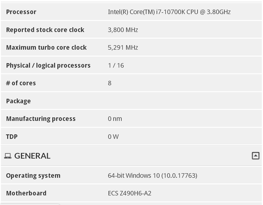 Immagine pubblicata in relazione al seguente contenuto: On line le specifiche della CPU Comet Lake-S a 8 core Core i7-10700K di Intel | Nome immagine: news30451_Futuremark-SystemInfo-Core i7-10700K_1.png
